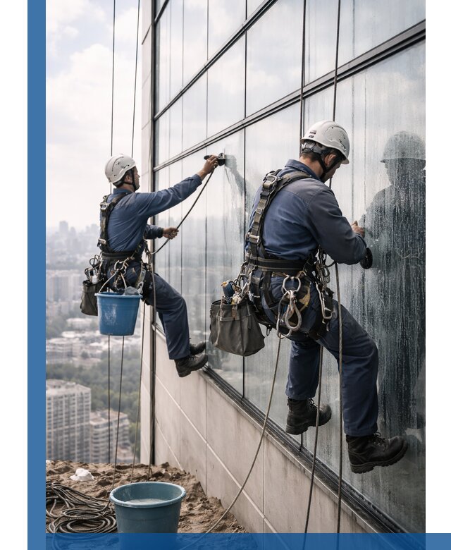 Профессиональная мойка фасадных окон альпинистами в Тюмени