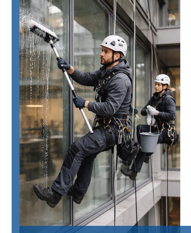 Профессиональная мойка витражей промышленными альпинистами в Тюмени