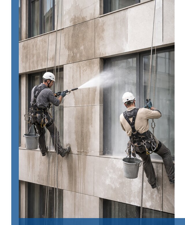 Послестроительная мойка фасада промышленным альпинизмом в Тюмени