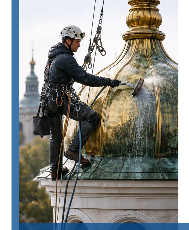 Профессиональная мойка куполов и шпилей высотными альпинистами в Тюмени