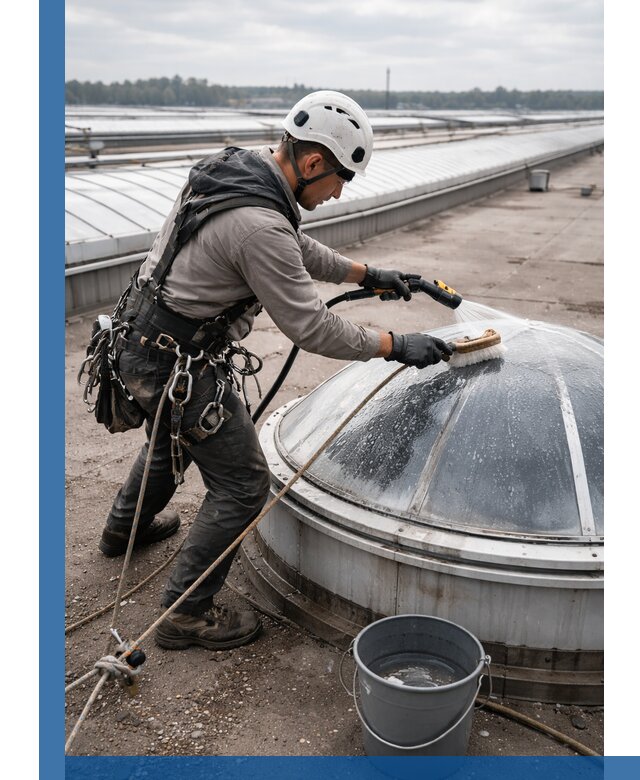 Мойка зенитных фонарей на кровле для промышленных объектов в Тюмени