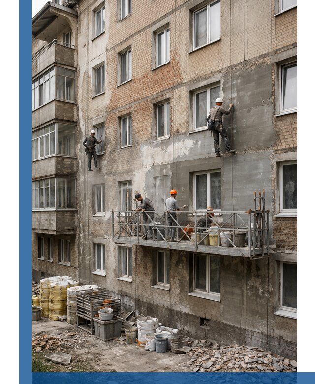 Капитальный ремонт фасада в Тюмени с восстановлением и гидроизоляцией