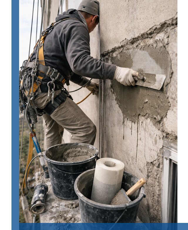 Ремонт бетонных элементов фасада промышленными альпинистами в Тюмени