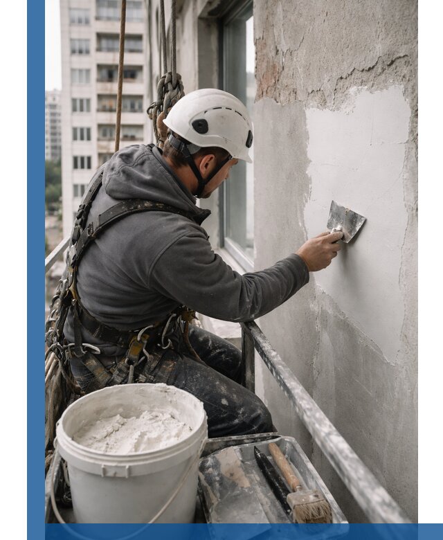 Шпаклевка фасадов на высоте с промальпинистами в Тюмени