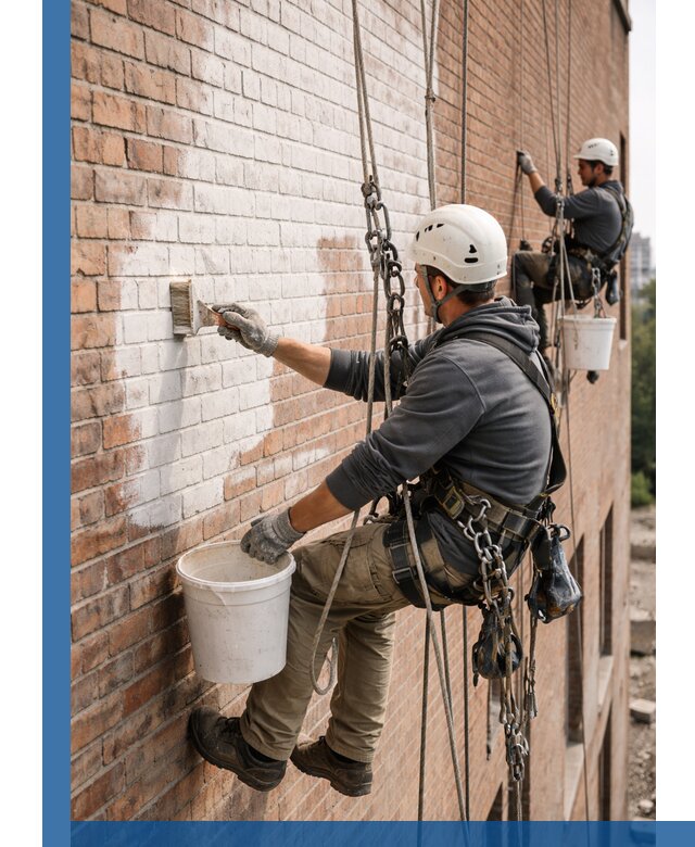 Покраска кирпичного фасада с доступным альпинистским сервисом в Тюмени