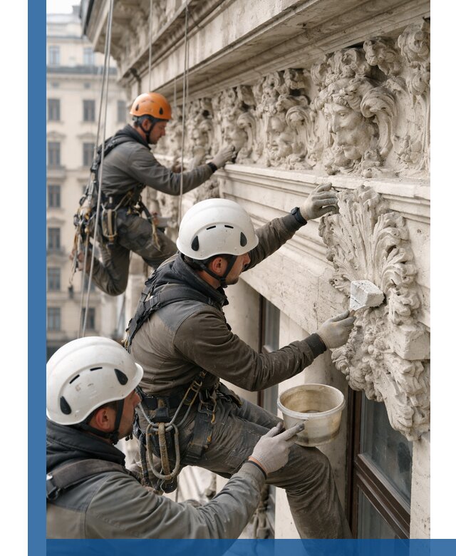 Реставрация фасадной лепнины с высотными работами в Тюмени