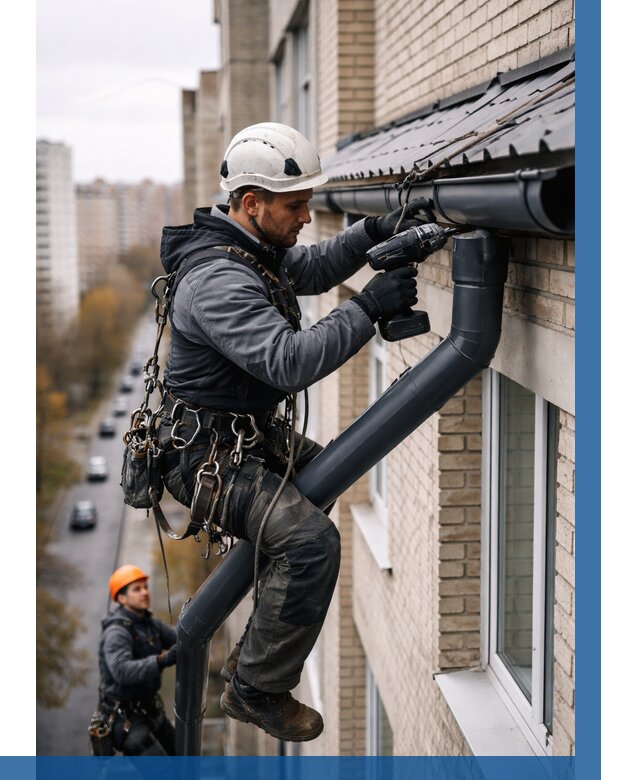 Монтаж водосточной системы на здании в Тюмени от 5104 р. | ВЫСОТНИК-Тюм