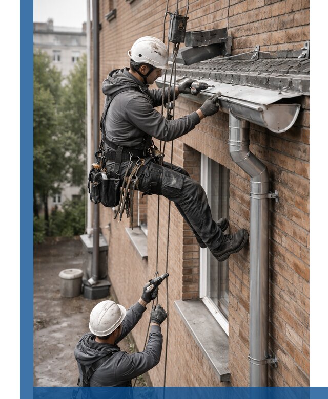 Монтаж водосточной системы на здании в Тюмени под ключ