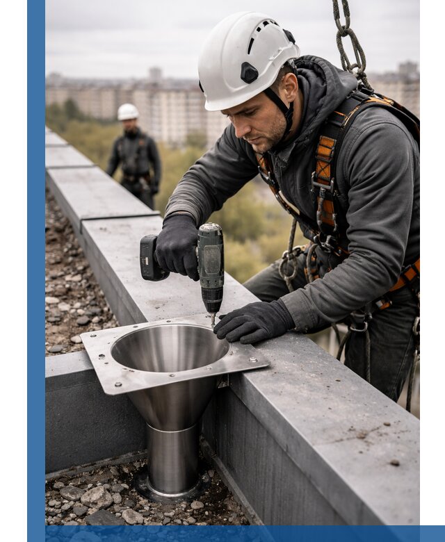 Монтаж водосточных воронок в Тюмени для промышленных зданий