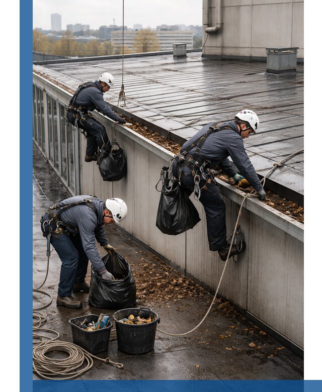 Очистка кровли по периметру в Тюмени силами промышленных альпинистов