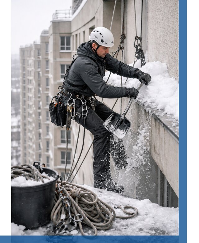 Очистка карнизов от снега в Тюмени от 306 р. | ВЫСОТНИК-Тюм