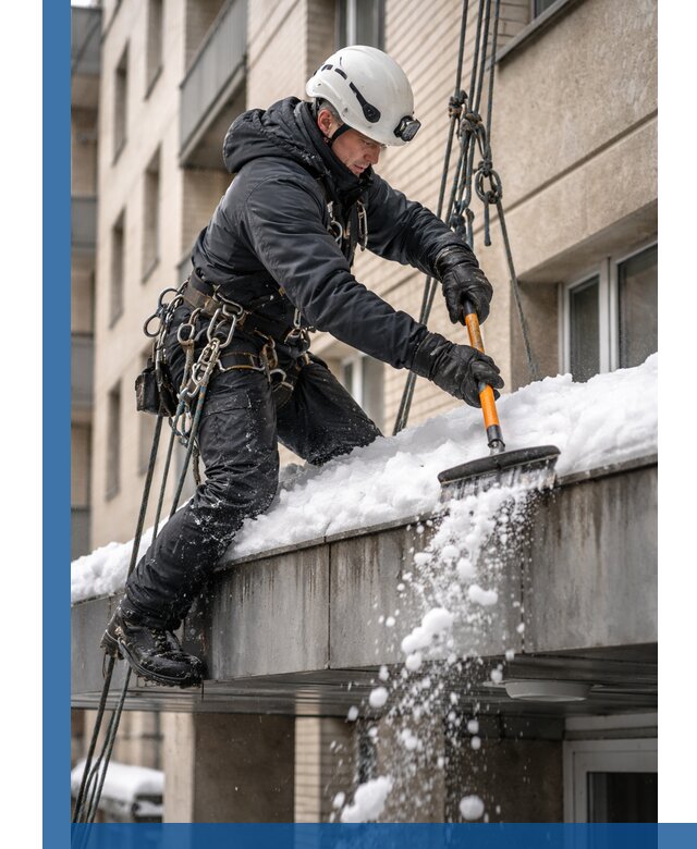 Очистка козырьков от снега в Тюмени круглогодично безопасно