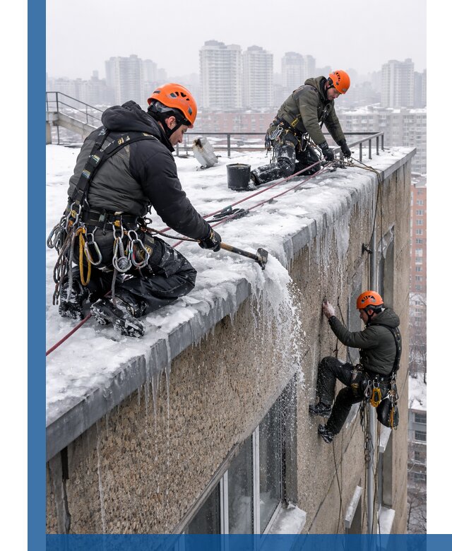 Удаление наледи с кровли в Тюмени промышленными альпинистами