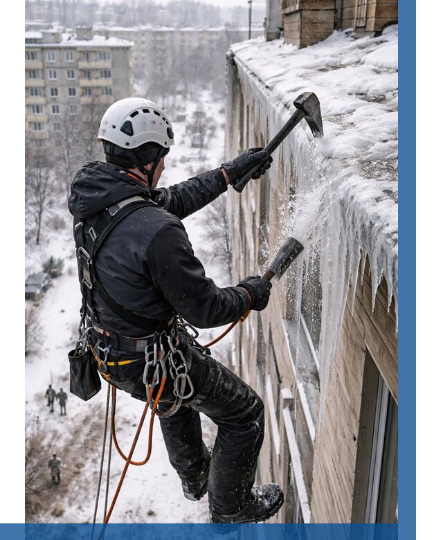 Сбивание сосулек с крыши в Тюмени по цене от 4593 р. | ВЫСОТНИК-Тюм