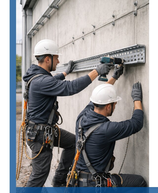 Монтаж кабельных лотков на фасаде зданий в Тюмени с гарантией