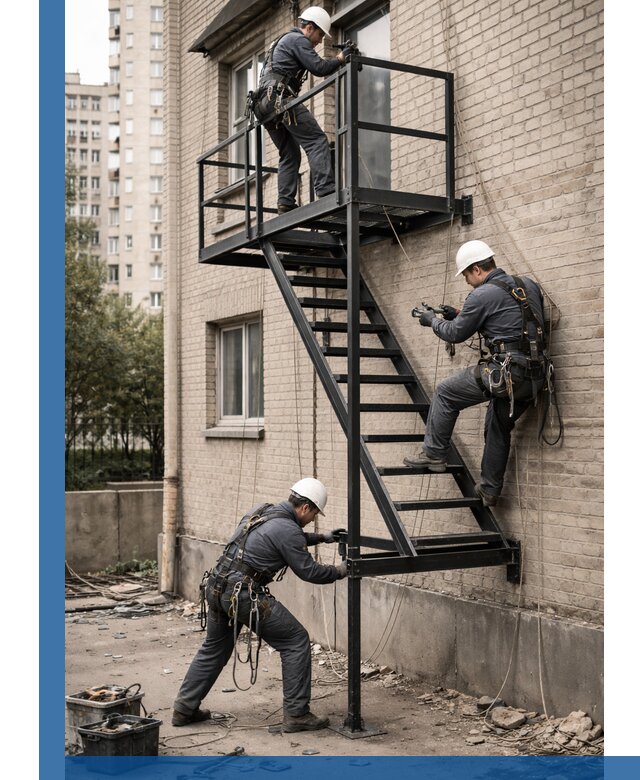 Монтаж пожарной лестницы в Тюмени, установка и крепление