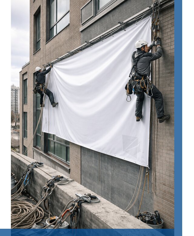 Монтаж баннеров на фасаде в Тюмени от 663 р. заказать ВЫСОТНИК-Тюм