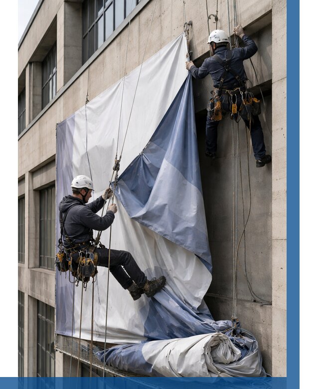 Демонтаж баннеров с фасада в Тюмени от 4593 р. | ВЫСОТНИК-Тюм