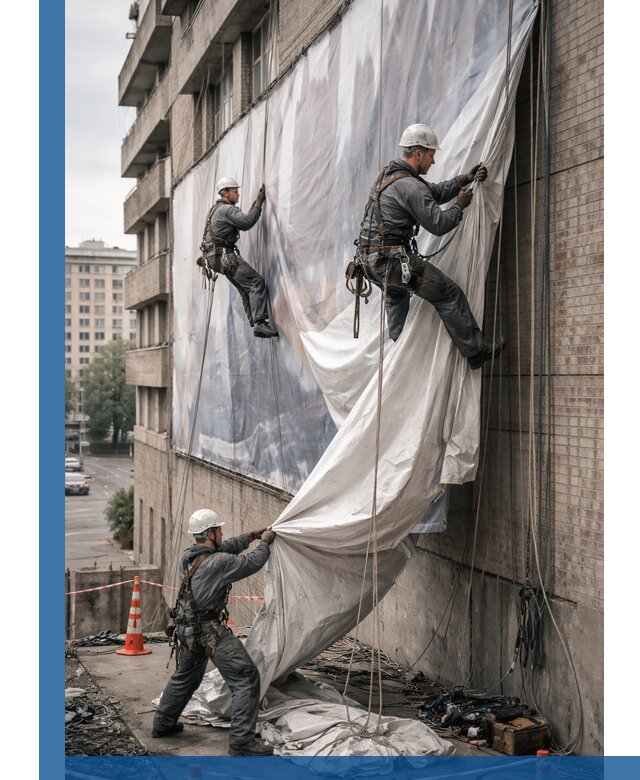 Демонтаж баннеров с фасада в Тюмени оперативно и безопасно