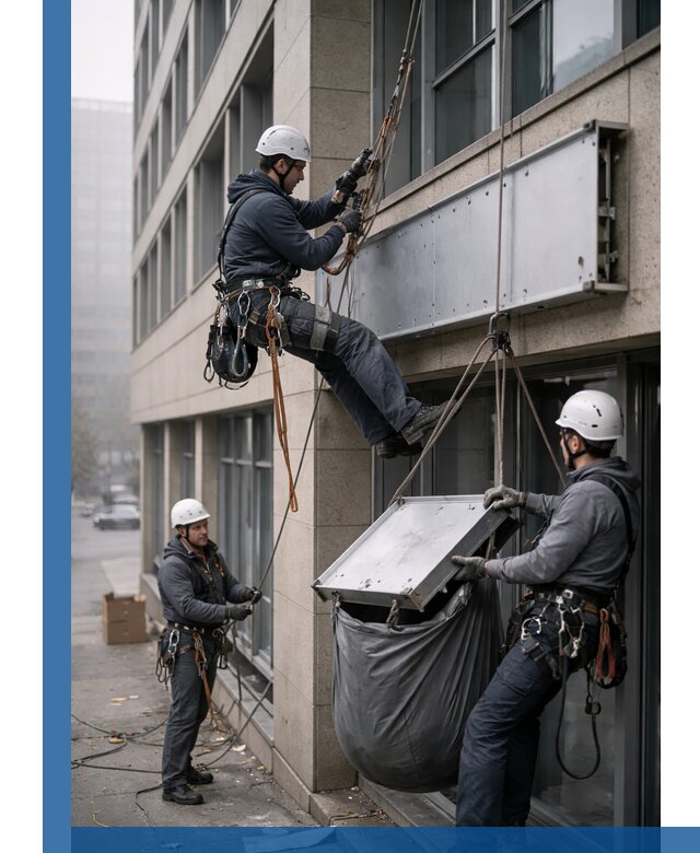 Демонтаж рекламной вывески с высотными работами в Тюмени