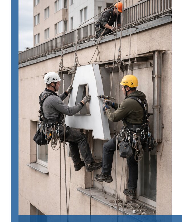 Ремонт и восстановление наружных вывесок на высоте в Тюмени