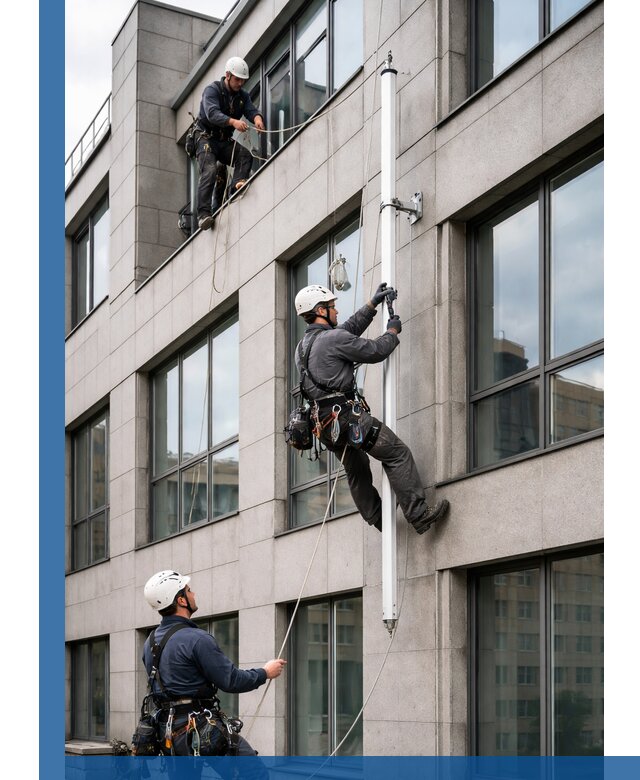 Монтаж флагштока на фасаде здания с креплением и герметикой в Тюмени