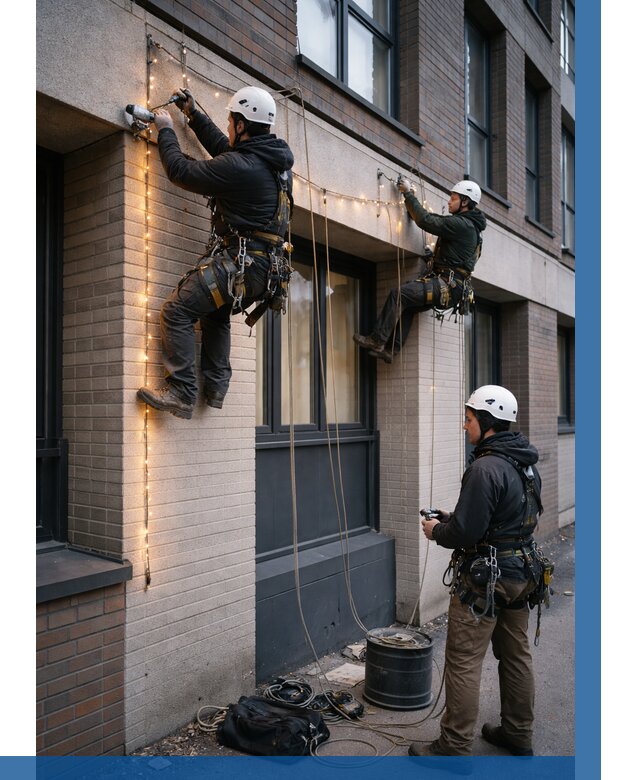 Монтаж гирлянд на фасаде в Тюмени от 3572 р. | ВЫСОТНИК-Тюм