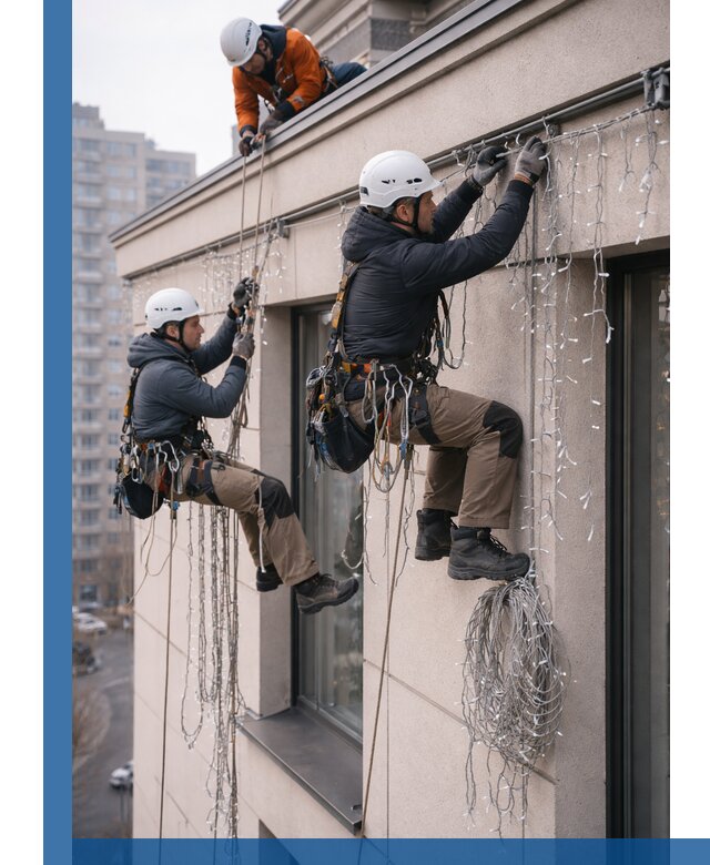 Монтаж праздничных гирлянд на фасаде в Тюмени для зданий