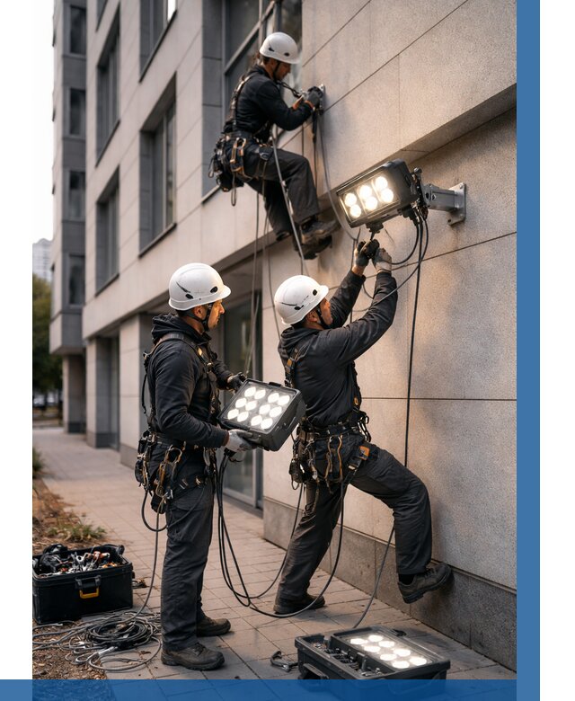 Монтаж прожекторов на фасаде в Тюмени от 7655 р. | ВЫСОТНИК-Тюм