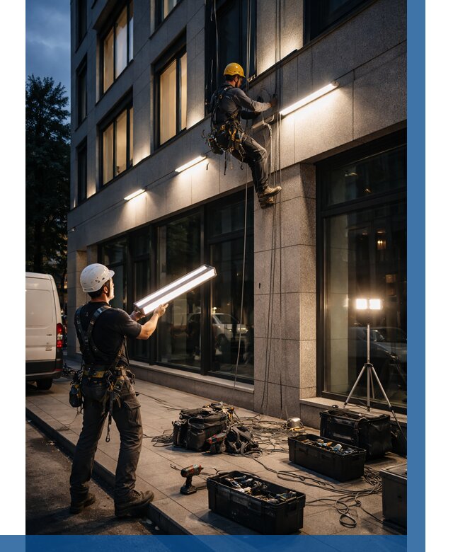 Монтаж архитектурной подсветки здания в Тюмени от 2552 р.|ВЫСОТНИК-Тюм