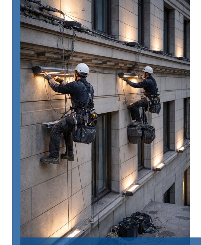 Монтаж архитектурной подсветки фасадов зданий в Тюмени