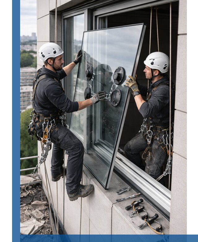 Замена стеклопакетов на высоте с промышленными альпинистами в Тюмени