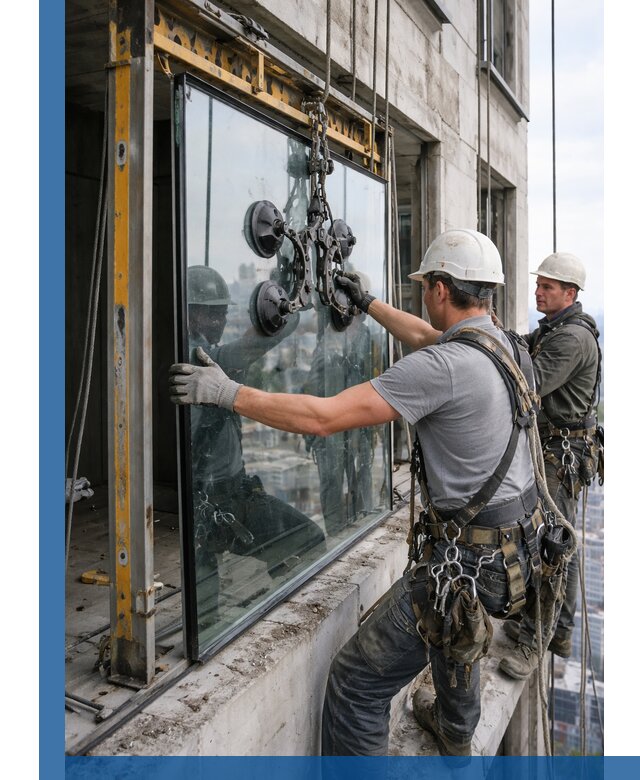 Монтаж стеклопакетов на высоте в Тюмени с промышленным альпинизмом