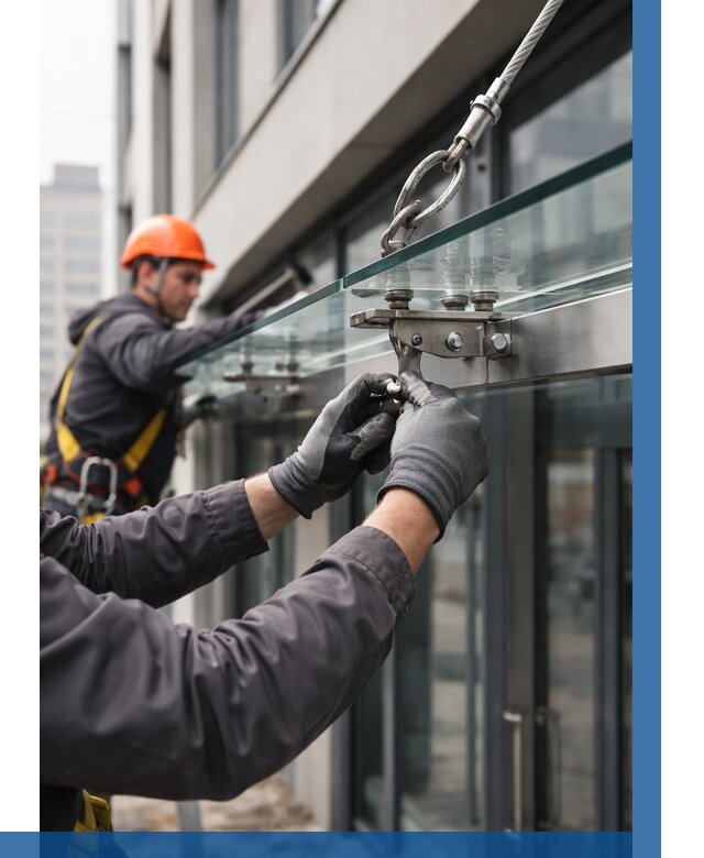 Монтаж стеклянных козырьков в Тюмени от 8676 р. | ВЫСОТНИК-Тюм