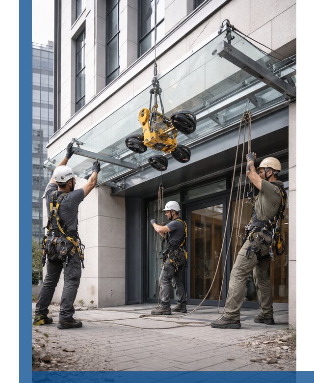 Монтаж стеклянных козырьков под ключ в Тюмени для зданий