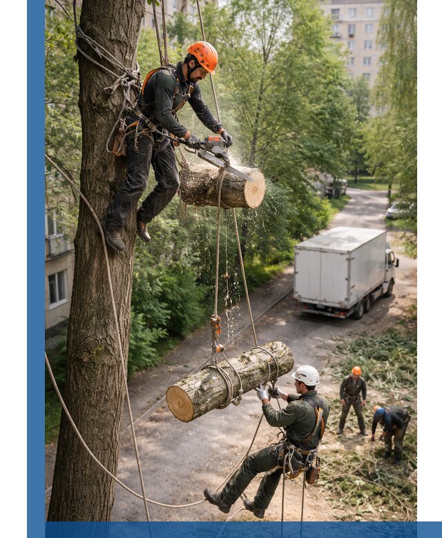 Спил деревьев альпинистами в Тюмени, безопасно и без повреждений