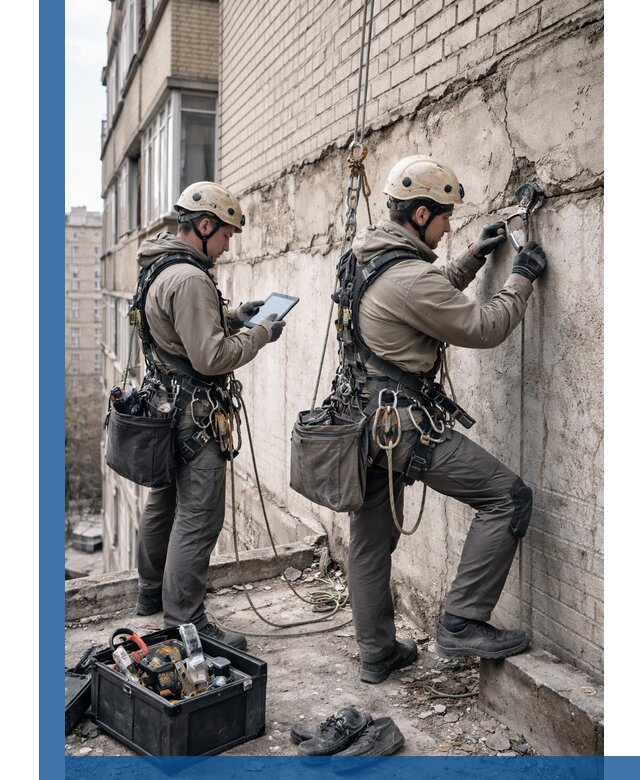 Обследование фасада промышленными альпинистами в Тюмени